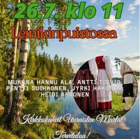 Suosittu kansanlaulukirkko ja kansallispukujen tuuletus Leinikinpuistossa. Tervetuloa!